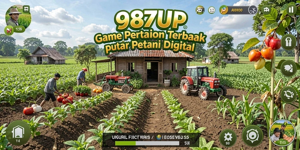 Tangkapan layar gameplay 987UP menampilkan ladang yang subur dan hewan ternak.