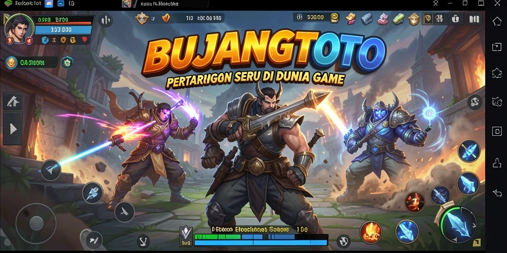 Gameplay memukau dalam BUJANGTOTO dengan karakter berwarna-warni dan pertarungan dinamis.