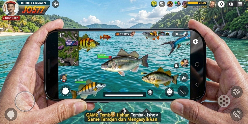 Tangkapan layar gameplay JOS77 yang menarik saat menembak ikan.