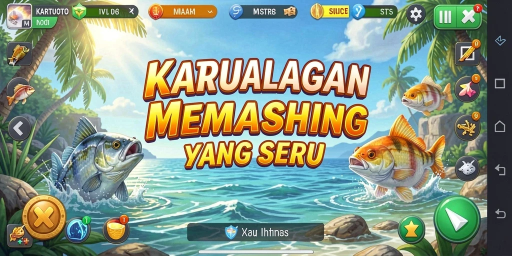 Tampilan gameplay KARTUTOTO dengan perahu dan ikan beragam.