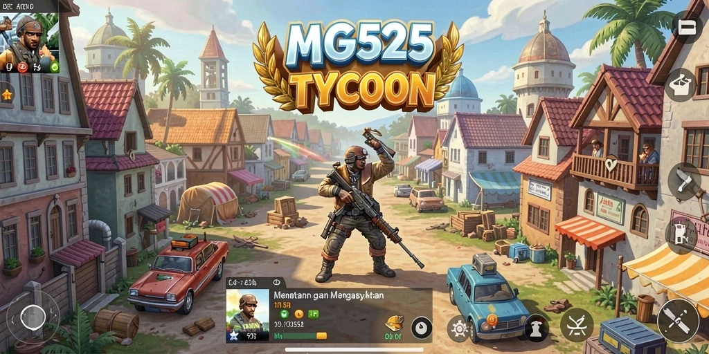 Screenshot utama gameplay MG525 yang menunjukkan manajemen bisnis yang dinamis.
