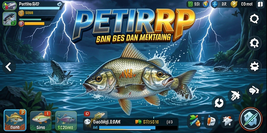 Screenshot permainan PETIRRP yang memperlihatkan aksi memancing yang seru.