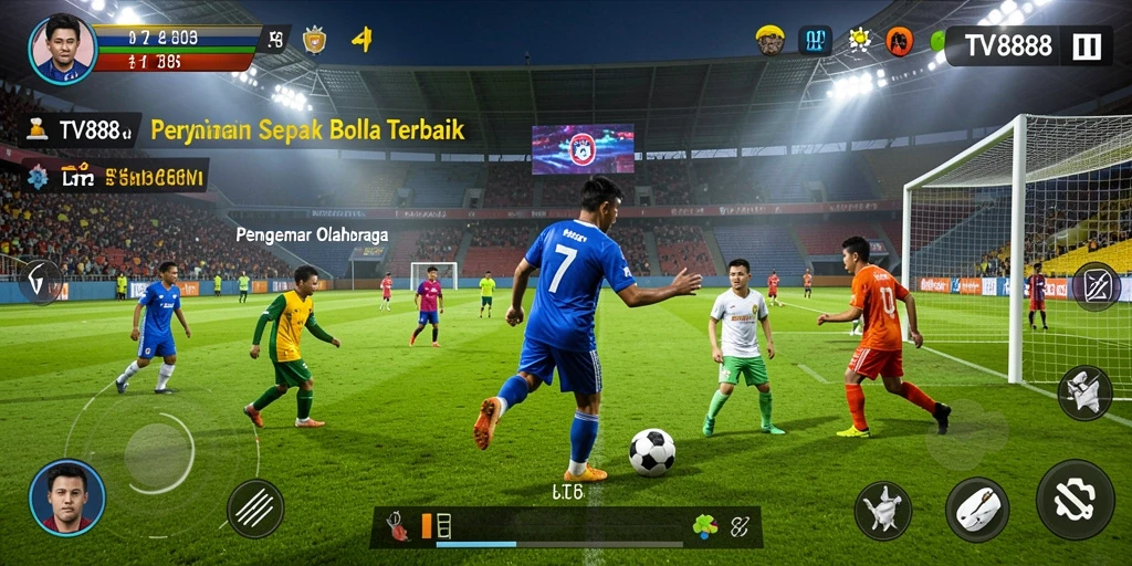 Screenshot TV888 menampilkan aksi mendebarkan dalam permainan sepak bola.