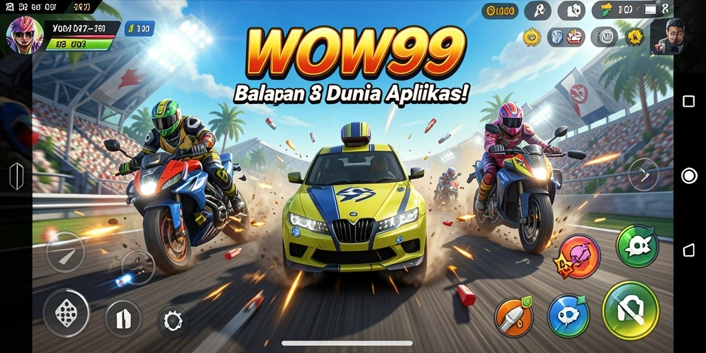 Screenshot gameplay WOW99 menampilkan aksi balapan yang mendebarkan.